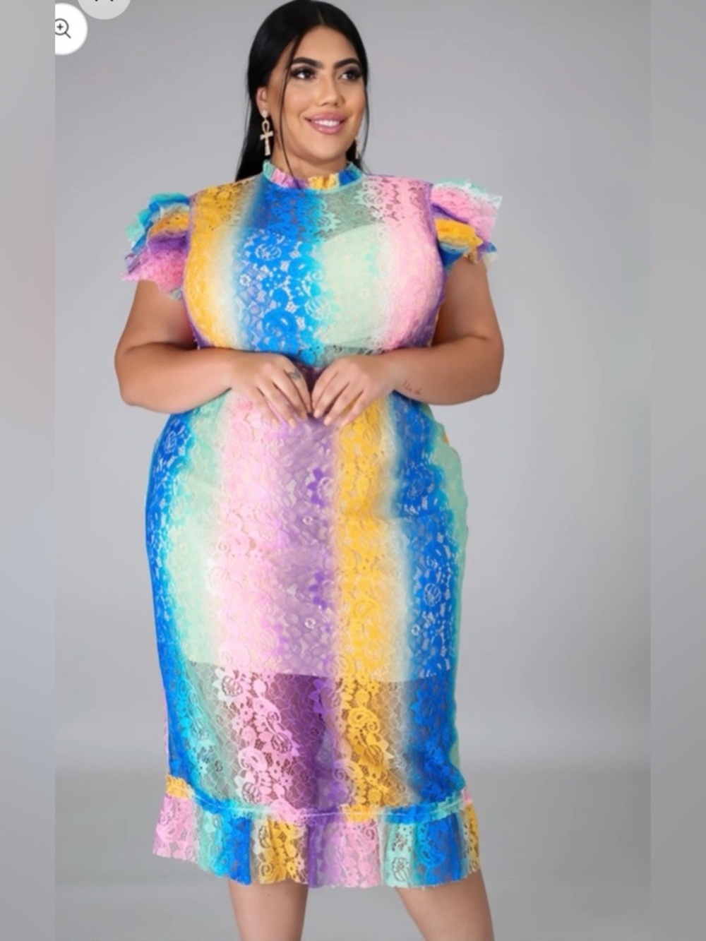 Curvy Rainbow Lace Midi Dress with Ruffle Sleeves - Multicolor - Picture 2 of 10